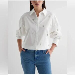 NWT Express Poplin Embellished Striped Boyfriend Portofino Shirt Womens Size M